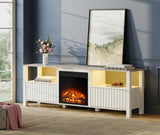 WAMPAT Living Room Table Set of 3, Modern Fireplace TV Stand for 75 inch TV with 5 Storages, 2 Wood End Table LED Night Stand with Door for Living Room, Bedroom, White WAMPAT