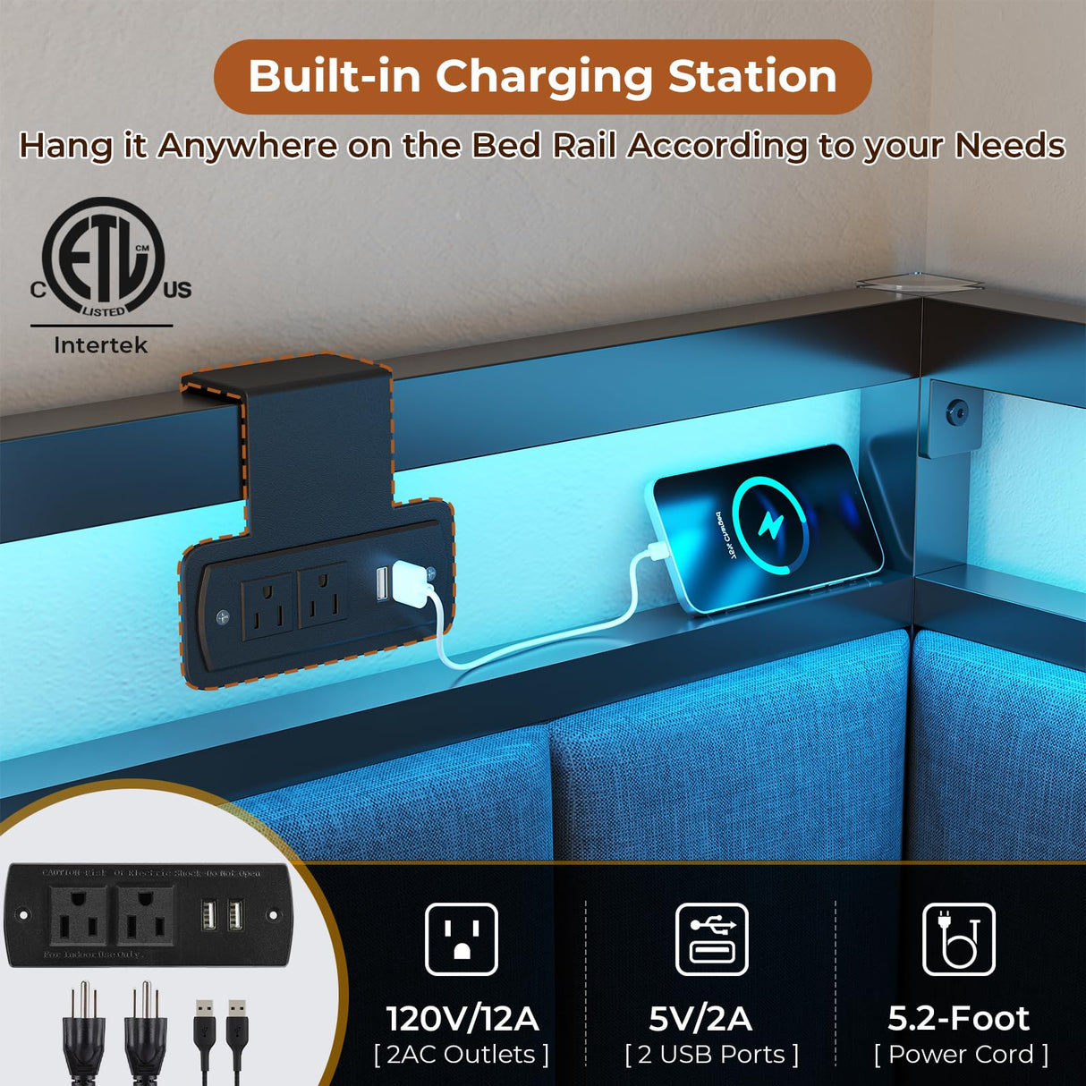 DICTAC Twin Size Bed Frame with 2 Storage Drawers & Charging Station twin Platform Corner Bed Frame with Led Lights Twin Daybed With Upholstered Guardrail for Living Room, Bedroom and Guest Room, Gray DICTAC