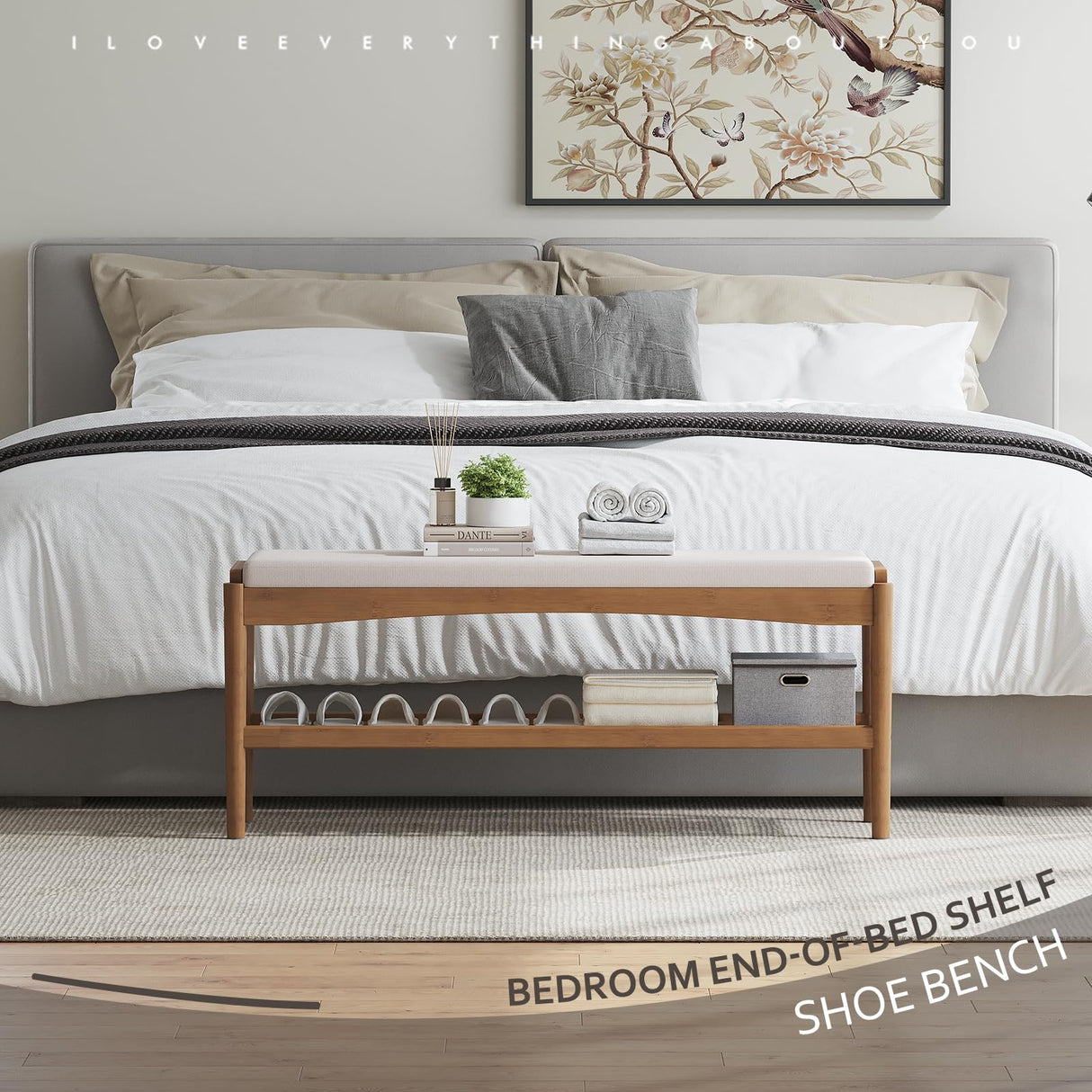 STDDRE Shoe Bench Entryway Bamboo 2-Tier Shoe Rack with Cushion Padded Seat Shoe Bench Organizer Stable for Entry, Hallway, Living Room, Bedroom, Closet (39.4 * 11.4 * 16.5IN, Brown-Beige) STDDRE