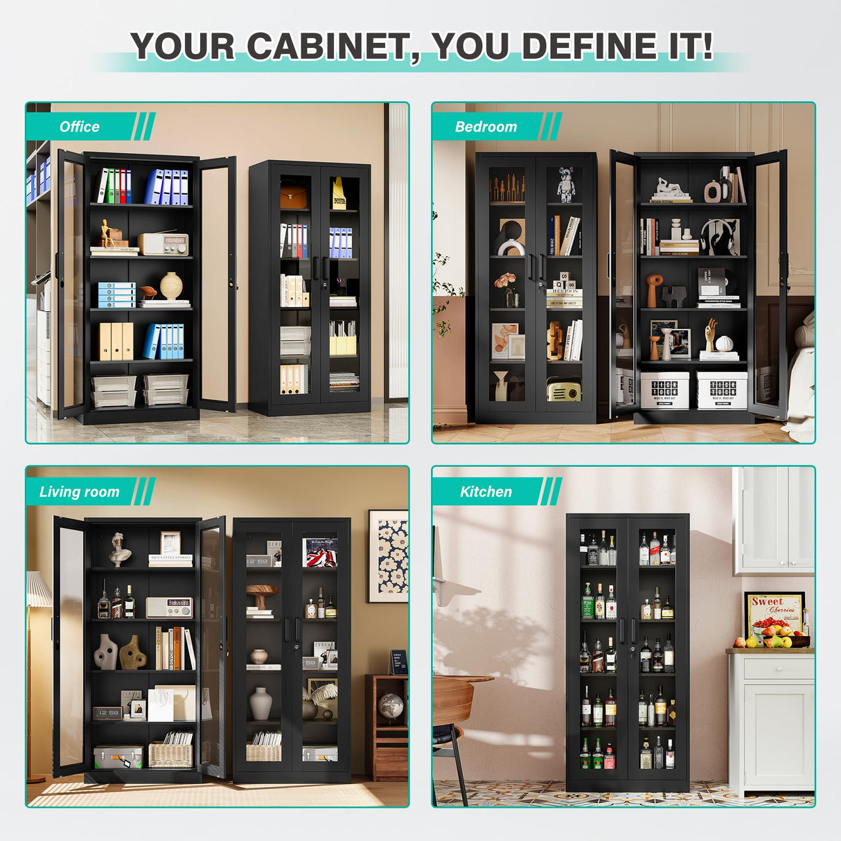 SISESOL Metal Storage Cabinet with Lock and Glass Doors,Glass Display Cabinet,67" Tall Black Storage Cabinets,Locking Curio Cabinets with 5 Shelves for Collectibles,Home,Office,Living Room SISESOL