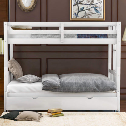 EMKK Twin Over Pull-Out Bunk Bed with Trundle - Space-Saving Wooden Bed for 4, White - WoodArtSupply