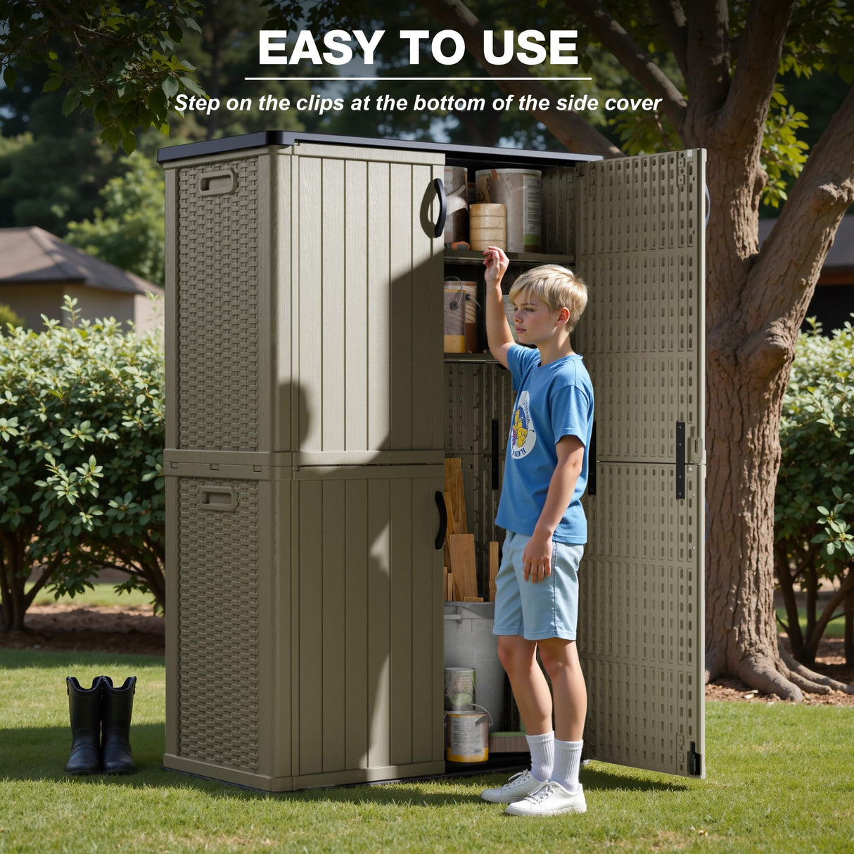 Greesum Outdoor Storage Shed Without Divider, 45 cu.ft Outdoor Waterproof Storage Cabinet for Garden Tools, Pool Storage, Garbage Cans, Beige Greesum