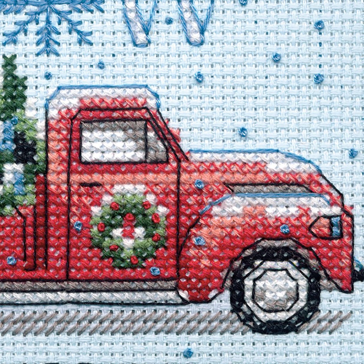 Dimensions 72-09005 Holiday Family Truck Christmas Counted Cross Stitch Kit for Beginners, 6" D, 14 Cnt. White Aida, 5pcs Dimensions