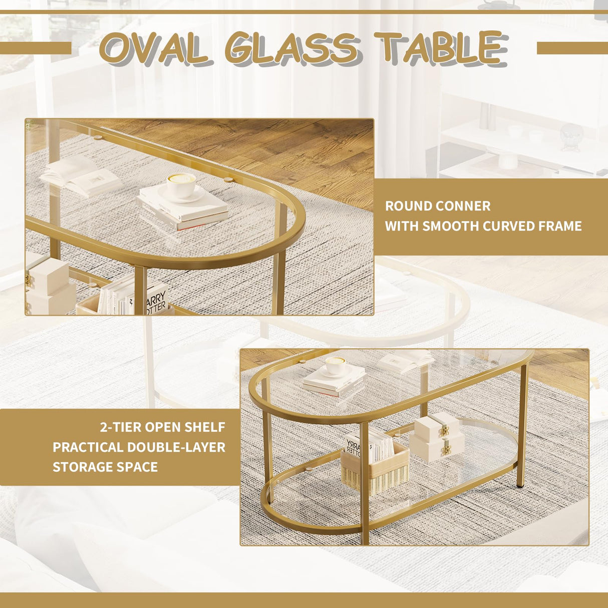 Wolawu Coffee Table Gold Oval Glass Table for Living Room,2 Tiers Oval Center Table with Sturdy Metal Frame, Modern Tempered Glass Tables for Bedroom Living Room Home Office Wolawu