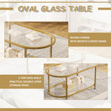 Wolawu Coffee Table Gold Oval Glass Table for Living Room,2 Tiers Oval Center Table with Sturdy Metal Frame, Modern Tempered Glass Tables for Bedroom Living Room Home Office Wolawu