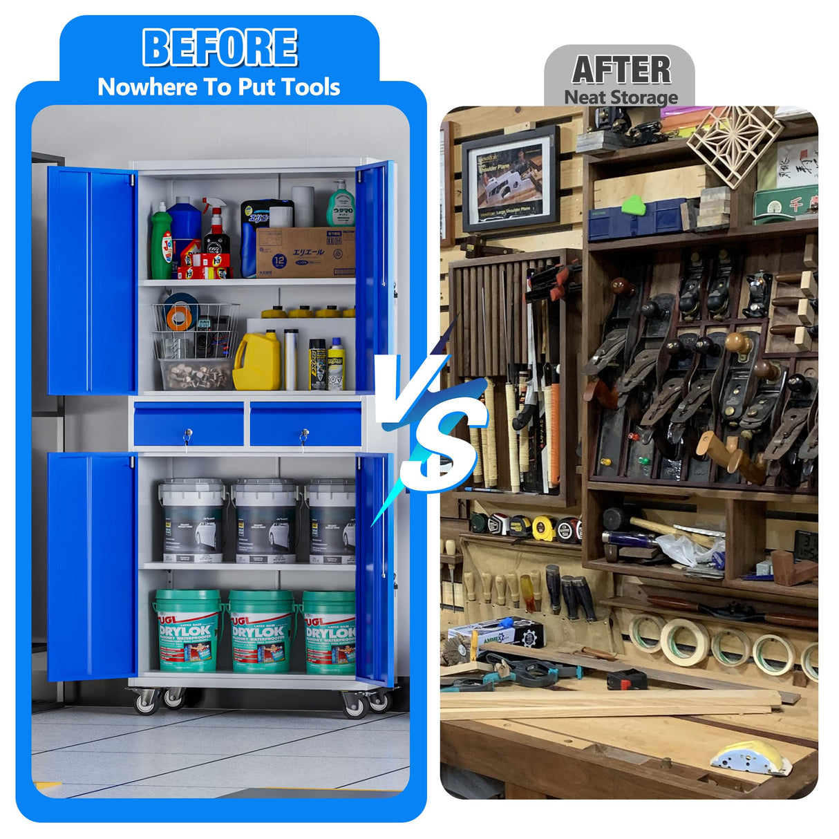 METAN 71" H 2 Drawer Metal Storage Cabinet with Locking Doors,Steel Rolling Tool Storage Cabinet with 2 Adjustable Shelves for Garage,Home, Office, Kitchen Assembly Required (Grey Blue) METAN