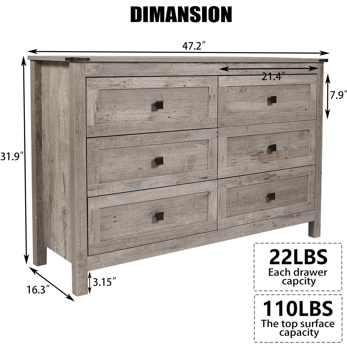 CATMIX Farmhouse 6 Drawers Dresser, Wood Double Dresser Chest of Drawers Wide Storage Organizer Cabinet for Bedroom, Living Room, Rustic Grey CATMIX