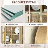 Vlsrka 71" Arched Curio Cabinet with Glass Doors, 4-Shelves Display Cabinet and 2 Drawers, Display Case with 3 Color Lights, Tall Bookcase, Kitchen Pantry, Wood Color Vlsrka