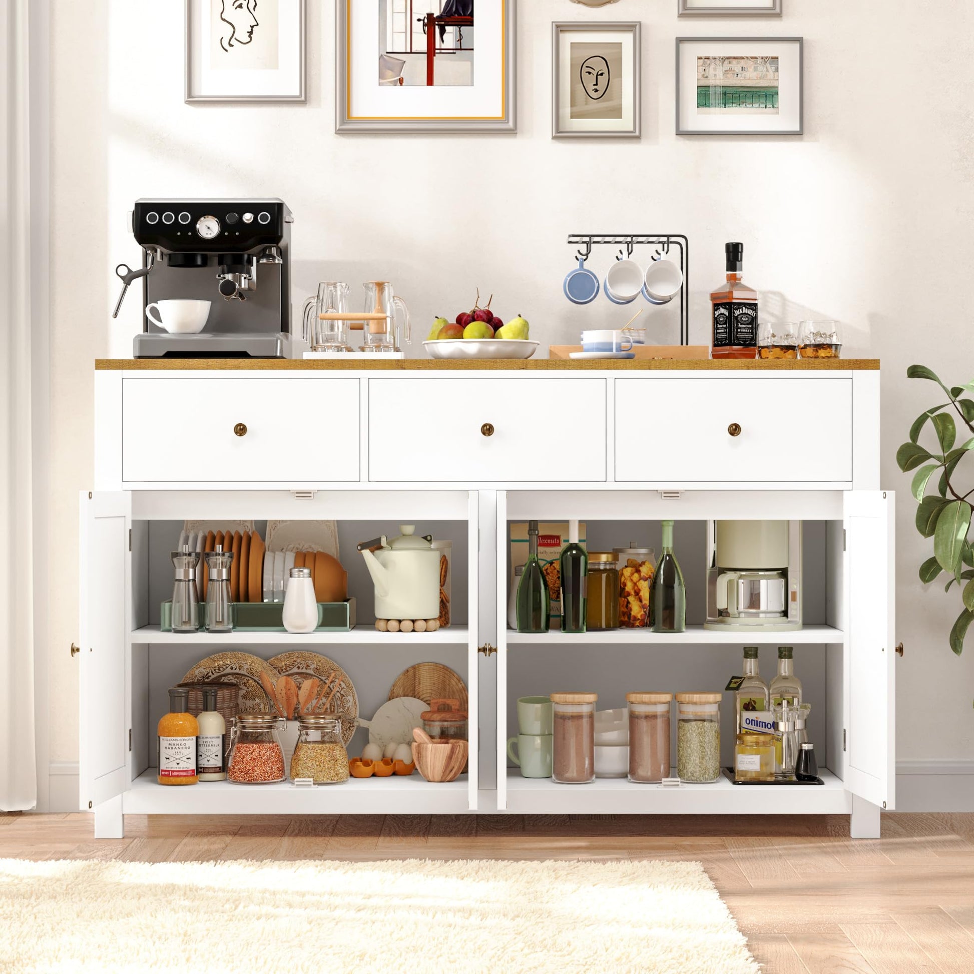 finetones Buffet Cabinet with Storage, 55.1” Large Sideboard Buffet Cabinet, Farmhouse Kitchen Cabinet Display Cabinet with 3 Drawers and 4 Doors, Wood Coffee Bar Cabinet for Kitchen Dining R - WoodArtSupply