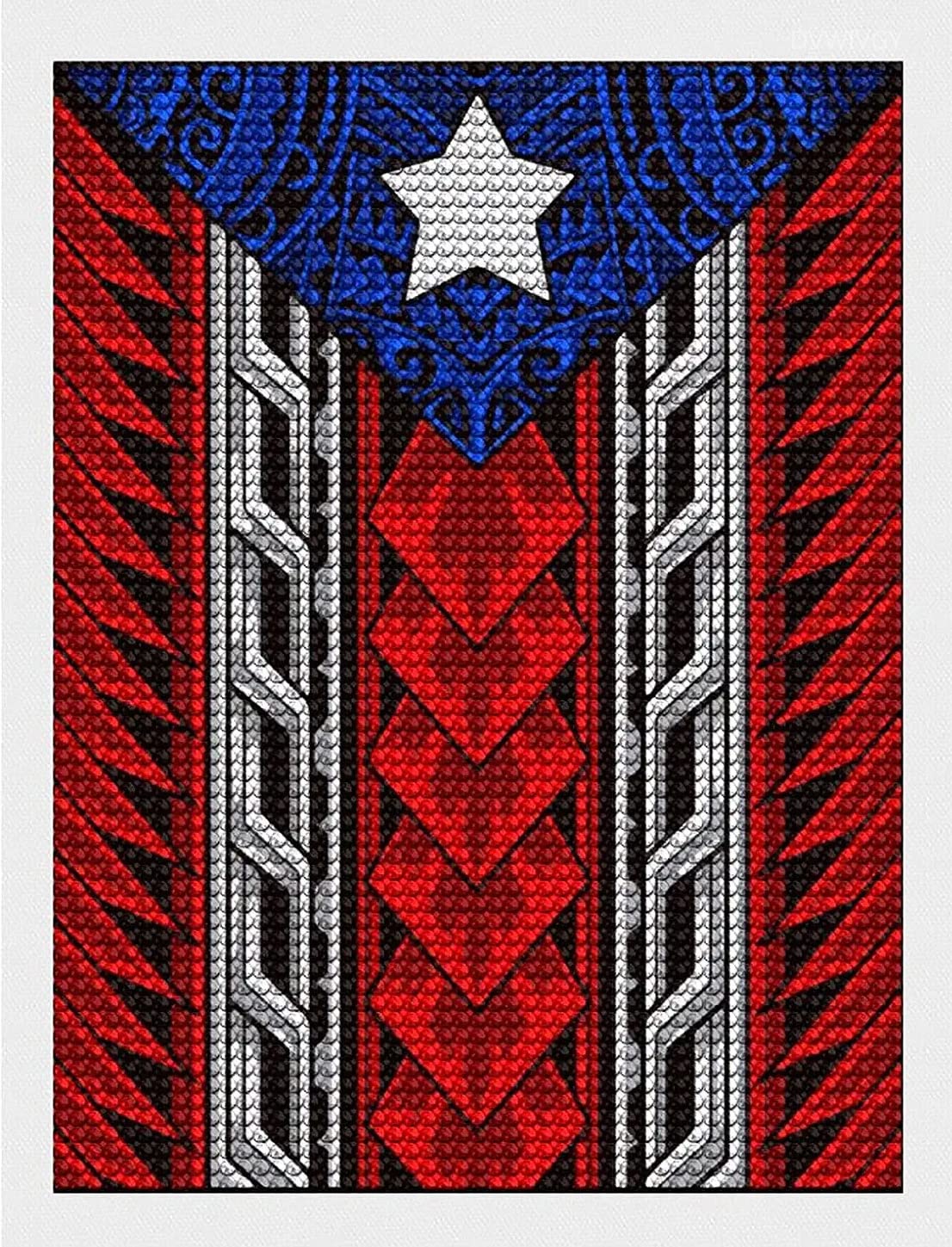 DIY Diamond Painting Kit Puerto Rican Tribal Flag 5D Diamond Picture Rhinestone Pasted DIY Cross Stitch Arts Diamond Painting Kits for Home Wall Decor Gifts 12x16 inch DVWIVGY