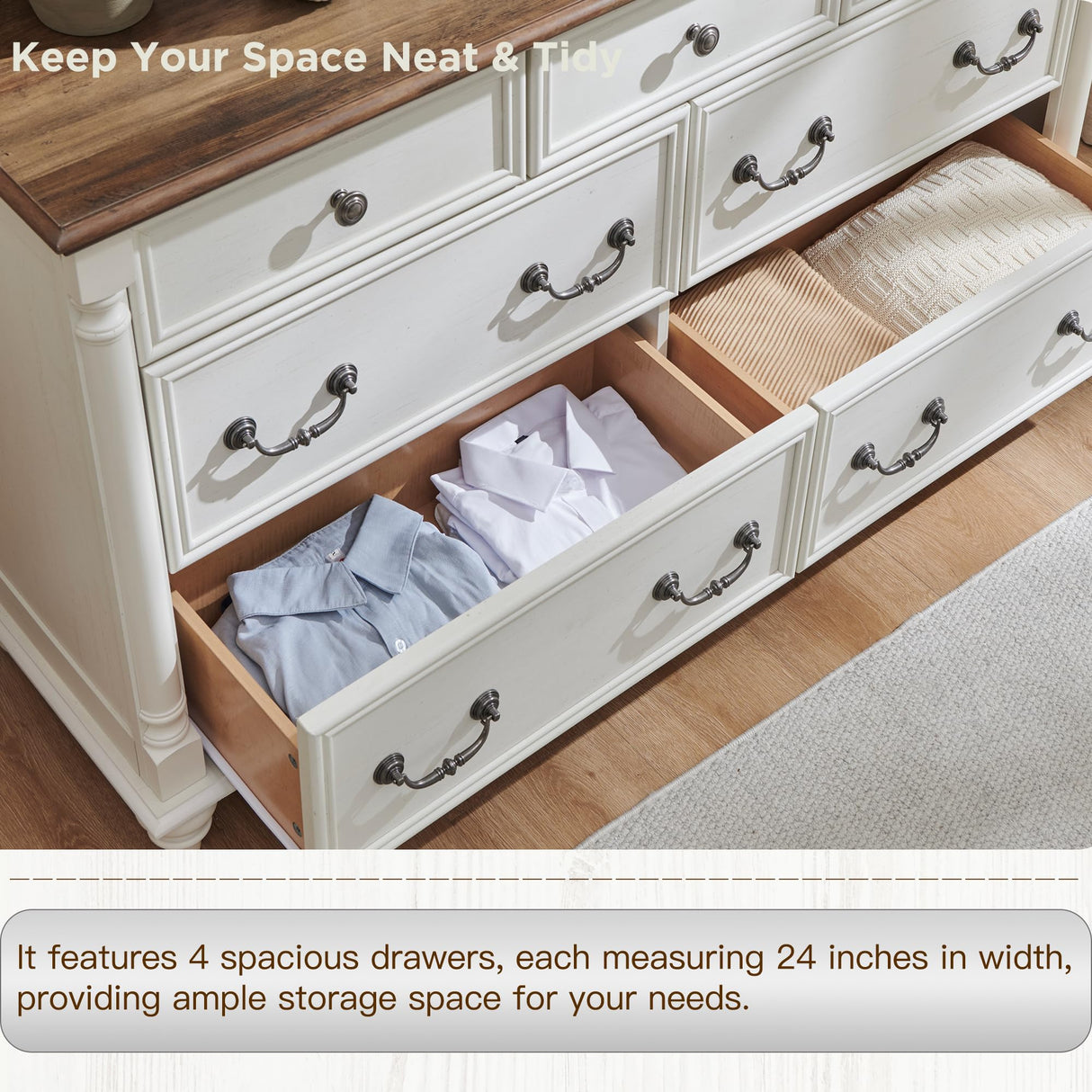 T4TREAM Farmhouse 7 Drawers Dresser Chests for Bedroom with 4 Solid Wood Feet, Tall Wide Wood Country Rustic Chest of Drawers, Storage Dressers for Bedroom, Living Room, Antique White T4TREAM