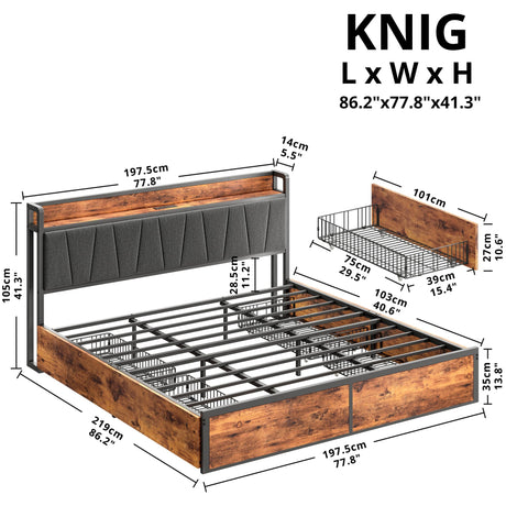 LIKIMIO Vintage Brown King Bed Frame with 4 Storage Drawers and Charging Headboard LIKIMIO