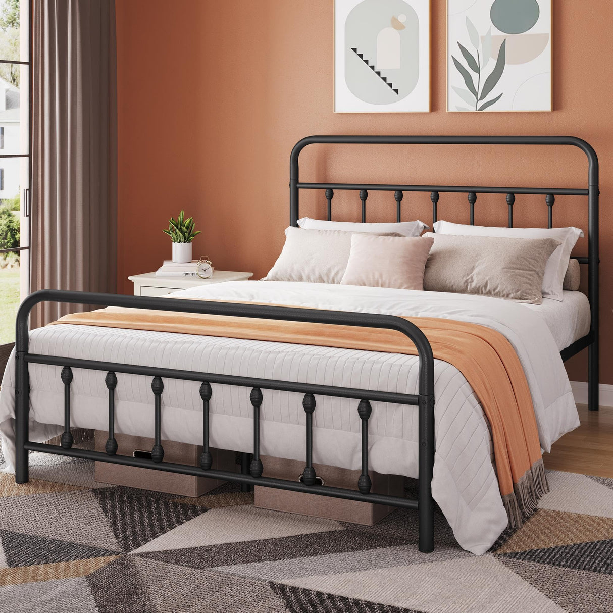 Topeakmart Victorian Style Queen Size Metal Bed Frame with Headboard and Under Bed Storage Topeakmart