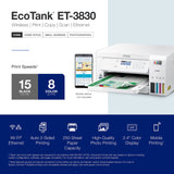 Epson EcoTank ET-3830 Wireless Color All-in-One Cartridge-Free Supertank Printer with Scan, Copy, Auto 2-Sided Printing and Ethernet – The Perfect Printer Productive Families,White Epson