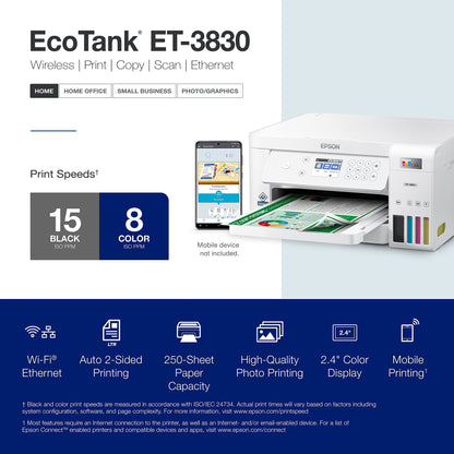 Epson EcoTank ET-3830 Wireless Color All-in-One Cartridge-Free Supertank Printer with Scan, Copy, Auto 2-Sided Printing and Ethernet – The Perfect Printer Productive Families,White