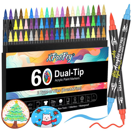 XPaoFey 60 Colors Acrylic Paint Pens, Dual Tip Acrylic Paint Markers with Fine Tip and Brush Tip, Acrylic Paint Pens for Rock Painting, Canvas, Ceramic, Glass, Plastic, DIY Crafts Art Supplies XPaoFey