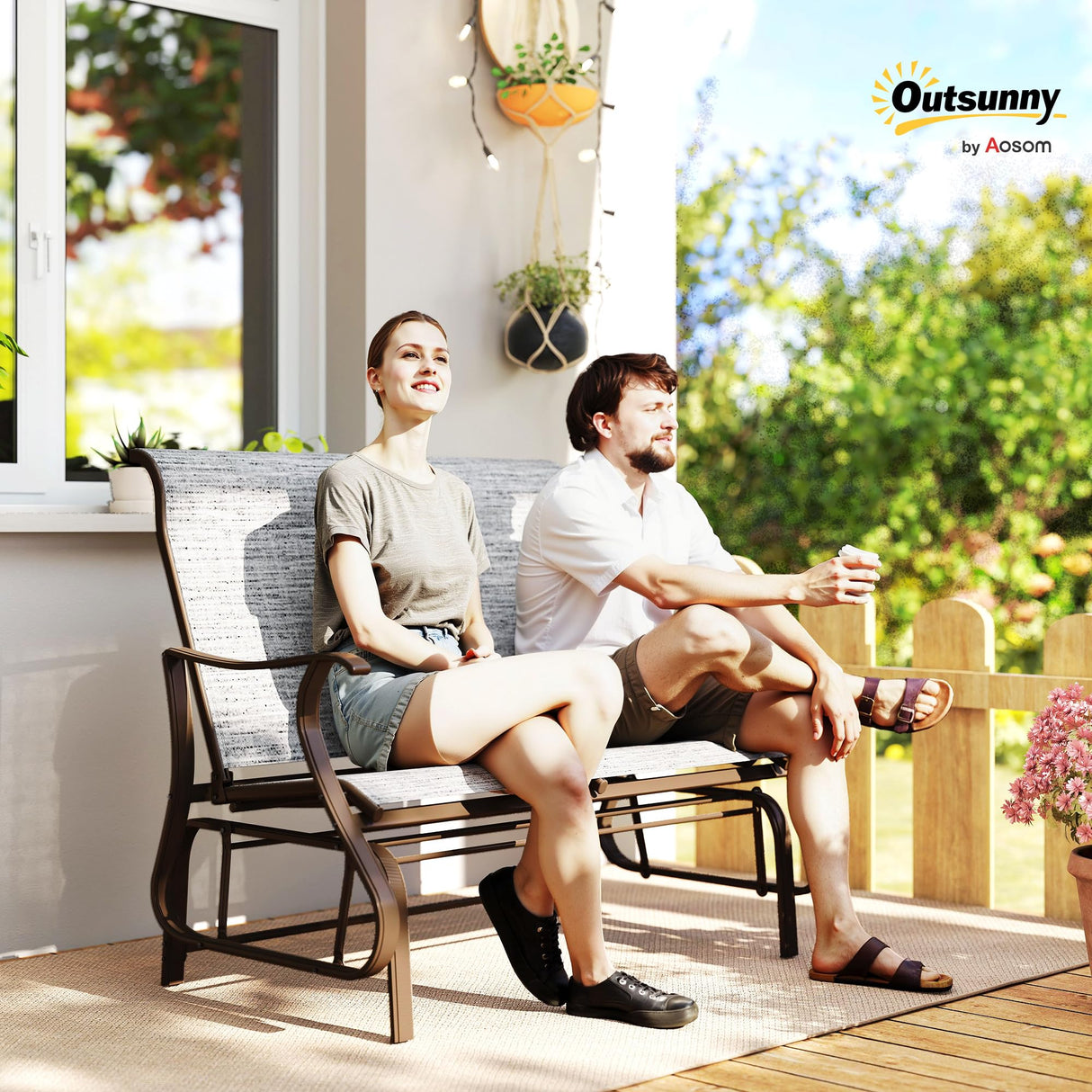 Outsunny 2-Person Outdoor Glider Bench，Patio Glider Loveseat Chair with Powder Coated Steel Frame，2 Seats Porch Rocking Glider for Backyard, Lawn, Garden and Porch, Mixed Gray Outsunny