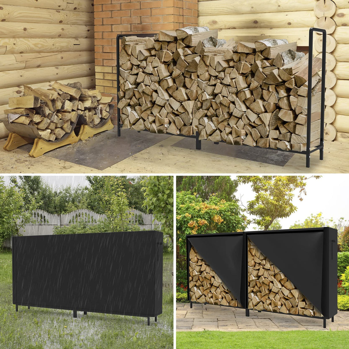 WALMANN 8ft Firewood Rack with Cover, Heavy Duty Firewood Rack With Weather Resistant 600D Oxford Fabric Cover, Indoor/Outdoor Wood Rack for Firewood WALMANN