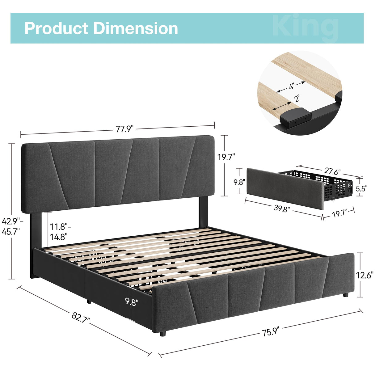 GarveeHome King Size Bed Frame with Adjustable Headboard and 4 Storage Drawers, Velvet Upholstered Tufted King Platform Bed Frames with Wooden Slats Support, King Bedframe No Box Spring Needed, Grey GarveeHome