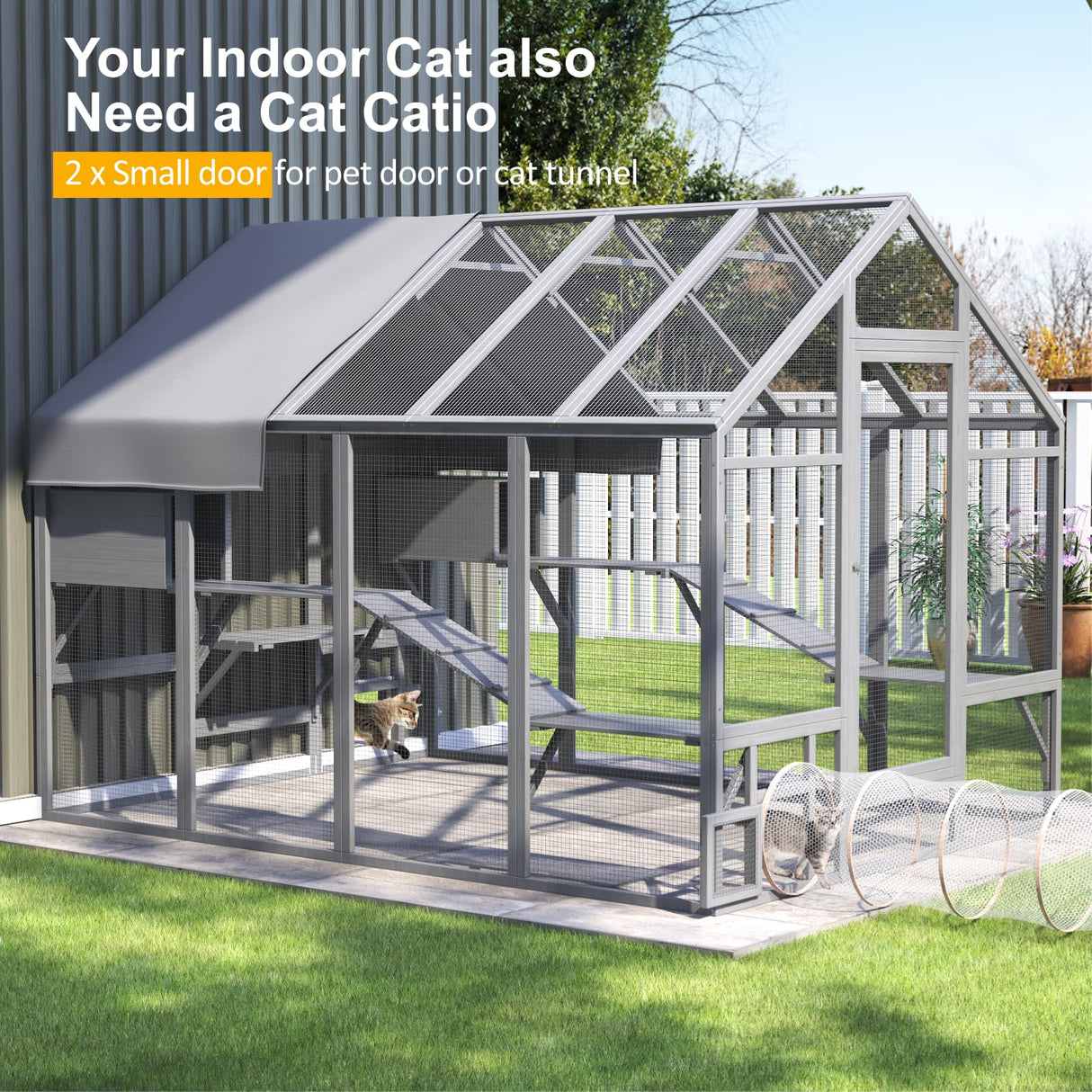 TIMHAKA Large Cat Catio, Catio Outdoor Cat Enclosure for Multiple Cats with 7 Platforms, 2 Resting Box and 2 Bridges, Wooden Feral Cat Shelter with Waterproof and UV Proof Canopy, 71 x 71 x 97 inch TIMHAKA