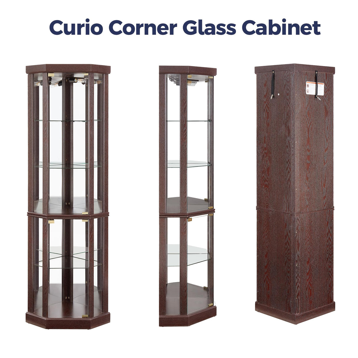 Trygoal Lighted 3-Side Glass Display Curio Cabinet, Corner China Cabinet with Tempered Glass Doors, Wooden Display Case with Light Bulb for Living Room, Dark Cherry Trygoal