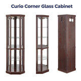 Trygoal Lighted 3-Side Glass Display Curio Cabinet, Corner China Cabinet with Tempered Glass Doors, Wooden Display Case with Light Bulb for Living Room, Dark Cherry Trygoal