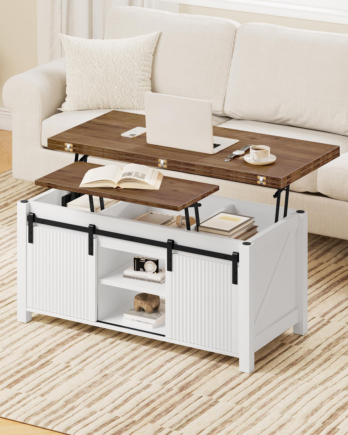 CHOEZON Coffee Table Lift Top, 4 in 1 Convertible Coffee Table, Farmhouse Coffee Tables, with Hidden Compartments, with Sliding Doors, for Living Room, Apartment, White and Walnut MKF01WL CHOEZON
