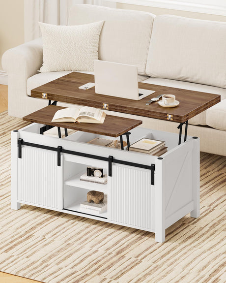 CHOEZON Coffee Table Lift Top, 4 in 1 Convertible Coffee Table, Farmhouse Coffee Tables, with Hidden Compartments, with Sliding Doors, for Living Room, Apartment, White and Walnut MKF01WL CHOEZON