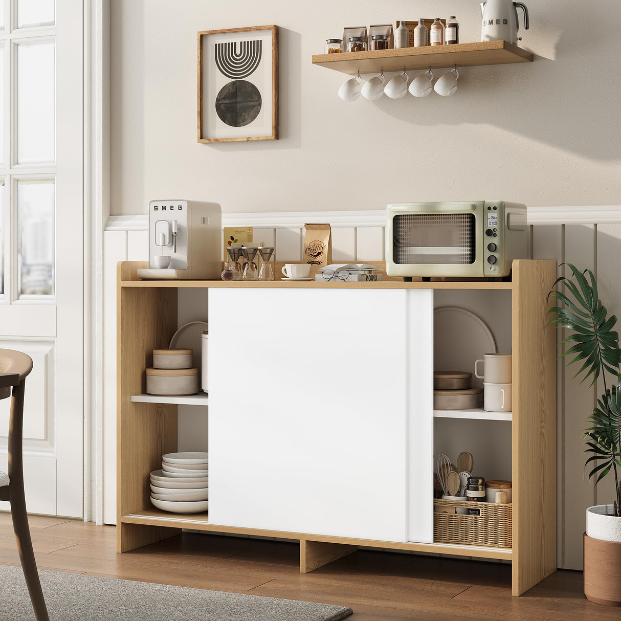 HIFIT Kitchen Buffet Cabinet with Storage, 43" Farmhouse Modern Coffee Bar Storage Cabinet with Sliding Doors/Shelf/Microwave Stand, Accent Sideboard for Kitchen Dining Living Room Entryway, White-Oak HIFIT