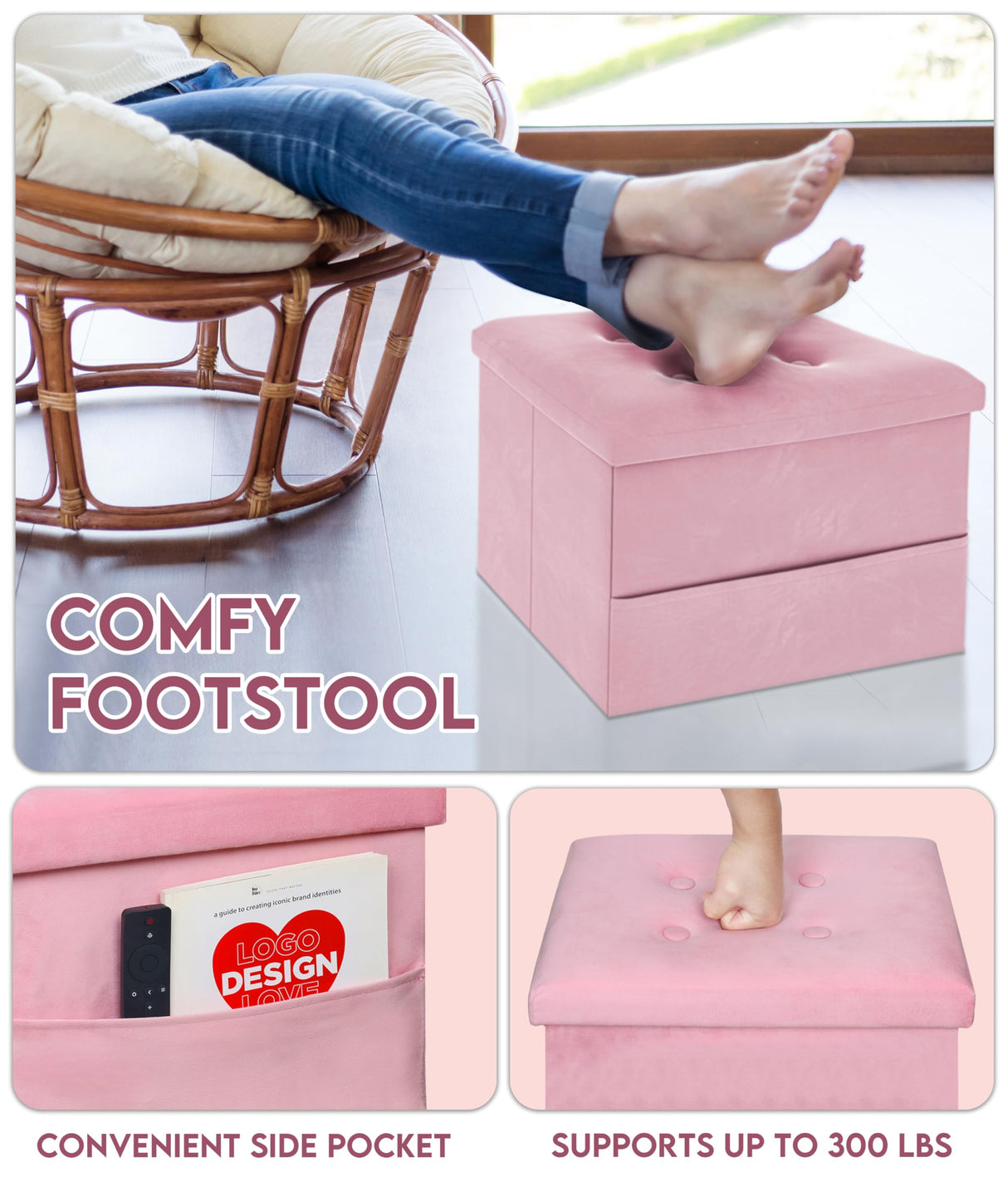 ZOES HOMEWARE Small Storage Ottoman Foot Rest, Velvet Ottoman with Storage and Side Pocket, Pink Foot Rest for Couch, Foldable Footstool Ottoman for Chair,Living Room&Dorm, 16"x12"x12" Pink ZOES HOMEWARE