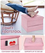 ZOES HOMEWARE Small Storage Ottoman Foot Rest, Velvet Ottoman with Storage and Side Pocket, Pink Foot Rest for Couch, Foldable Footstool Ottoman for Chair,Living Room&Dorm, 16"x12"x12" Pink ZOES HOMEWARE