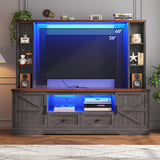 Entertainment Center with 2 LED Lights & Power Outlets, Large Farmhouse Wall Unit Entertainment Center for 60 Inch Television Stand, TV Stands for Living Room with Storage Shelf, Dark Grey EnHomee