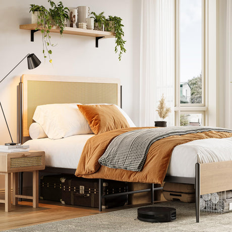 IDEALHOUSE Full Rattan Bed Frame with Headboard, Boho Style Full Platform Bed with Strong Metal Slats Support, Under Bed Storage, Noise-Free, No Box Spring Needed, Light Oak IDEALHOUSE
