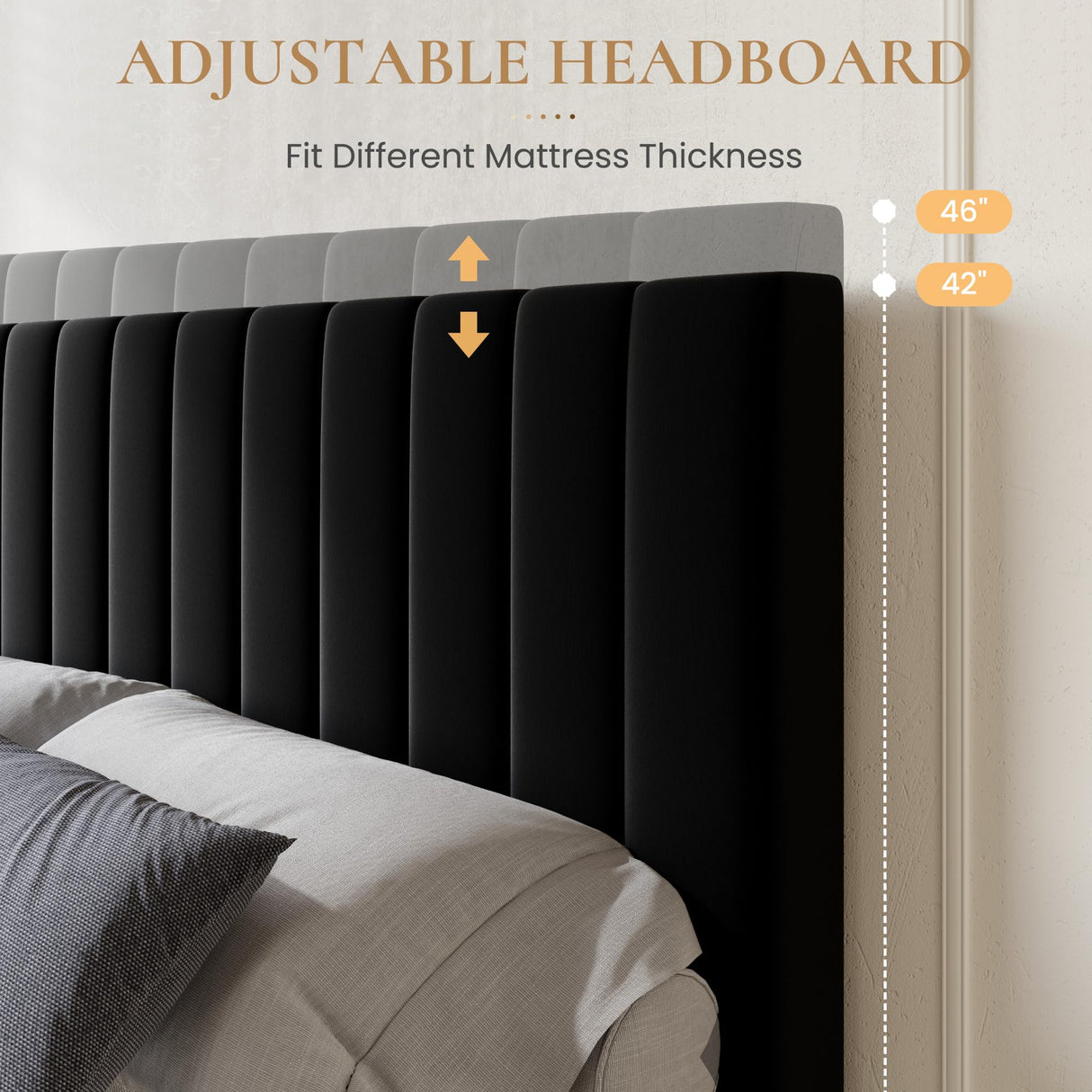 SHA CERLIN King Size Platform Bed Frame with 4 Storage Drawers, Vertical Channel Tufted Adjustable Headboard, Velvet Upholstered, Wooden Slats Support, No Box Spring Needed, Easy Assembly, Black SHA CERLIN