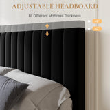 SHA CERLIN King Size Platform Bed Frame with 4 Storage Drawers, Vertical Channel Tufted Adjustable Headboard, Velvet Upholstered, Wooden Slats Support, No Box Spring Needed, Easy Assembly, Black SHA CERLIN