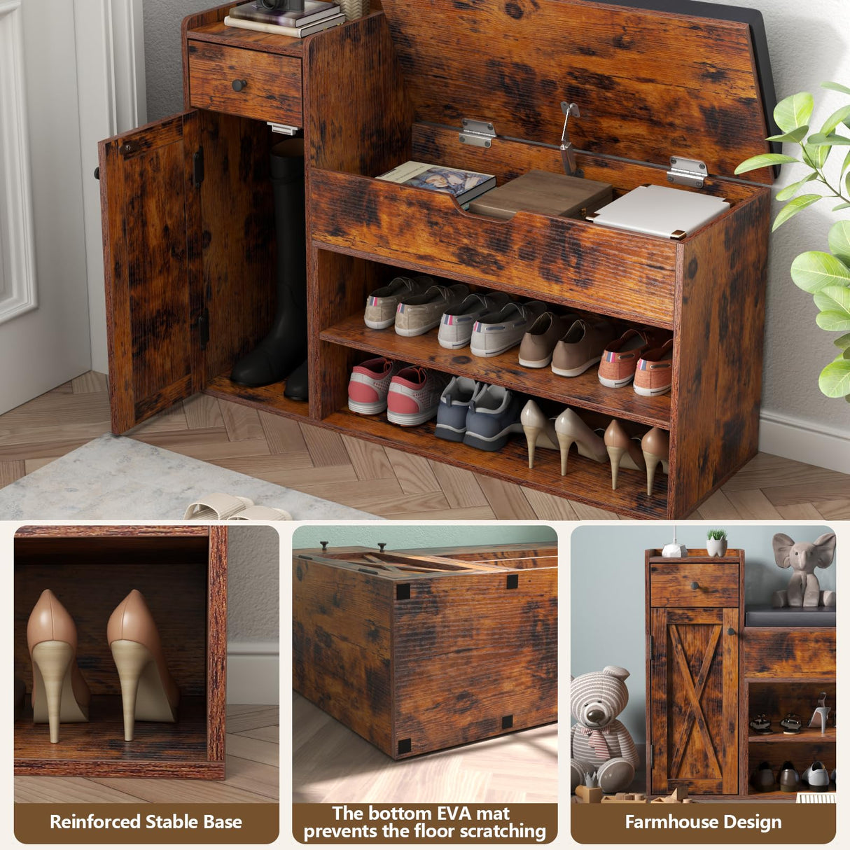 Gyfimoie Shoe Storage Bench, Farmhouse Entryway Bench with Drawer, 2-Tier Shoe Bench with Seat Cushion & Lift Top Storage Box, Slim Shoe Cabinet Bench for Entryway, Living Room, Bedroom (Rustic Brown) Gyfimoie