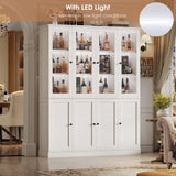 FACBOTALL 74'' Kitchen Pantry Cabinet, 63'' Wide Large Kitchen Hutch Storage Cabinet with LED, Tall Pantry with Adjustable Shelves, Display Cabinets with Glass Door for Living Room, Home Office, White FACBOTALL