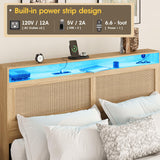 Fameill Boho Full Bed Frame with LED Lighting, Rattan Storage Headboard & 4 Drawers Fameill