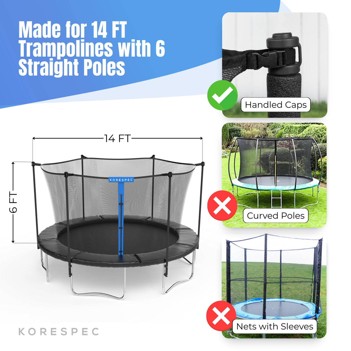 KORESPEC 14 FT Trampoline Net Replacement with 6 Pole Caps and 4 Strings, Safety Enclosure Net, Premium Breathable UV Weather Resistant Mesh, Parts Fit Outdoor Round Frame with 6 Straight Poles KORESPEC
