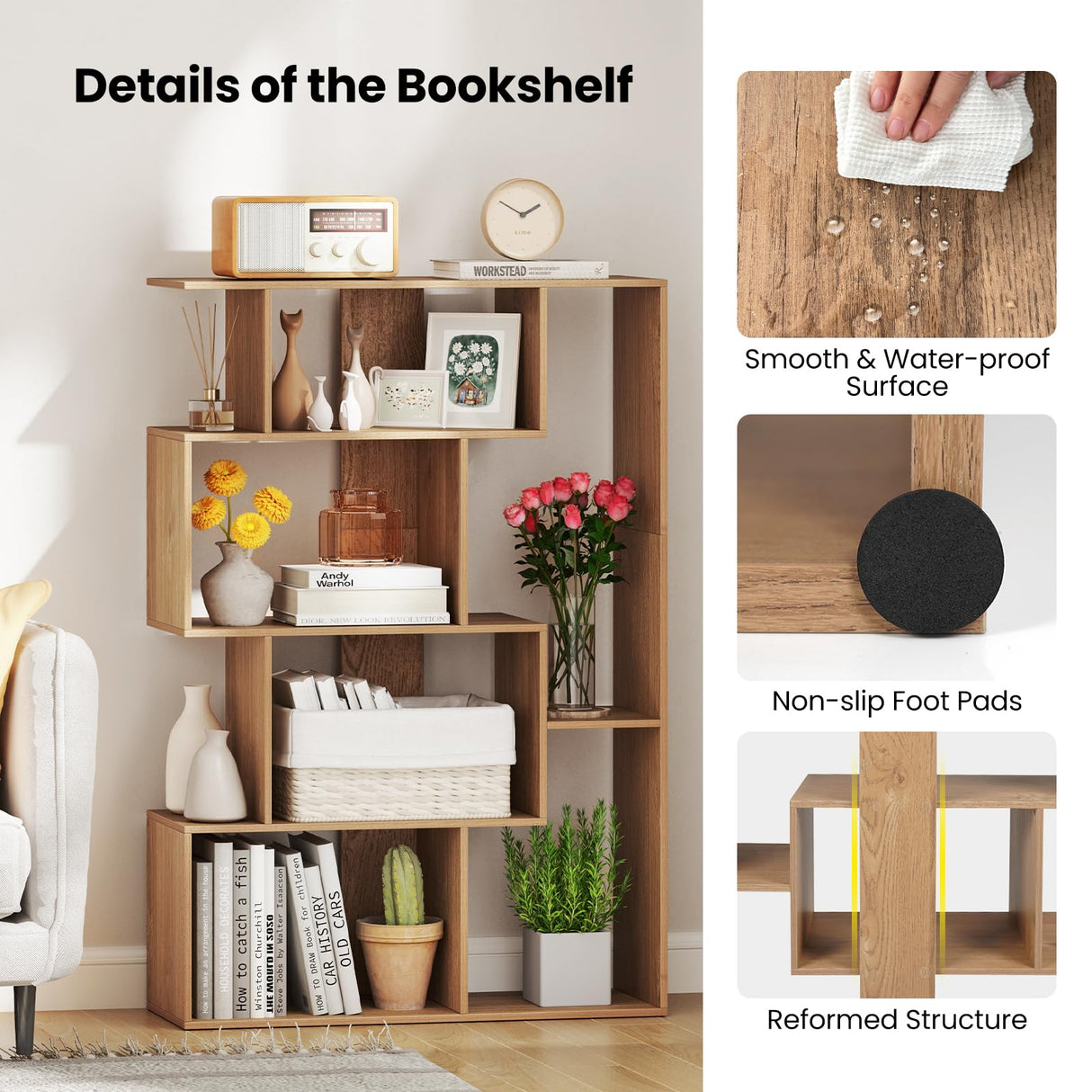 Nightcore 5-Tier Geometric Bookshelf, 47” Tall Modern S-Shaped Bookcase with 6 Storage Cubes, Freestanding Storage Organizer Display Rack for Living Room, Bedroom, Home Office (Natural) WoodArtSupply