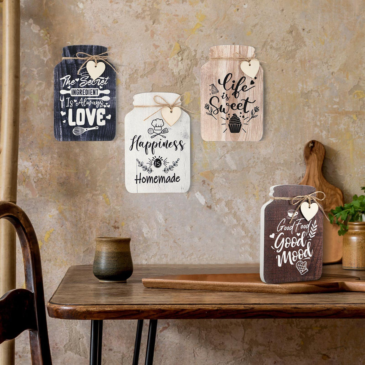 Weysat 4 Pieces Kitchen Wall Decor Mason Jar Set 5 x 8 Inch Wooden Farmhouse Dining Room Art Rustic Inspirational Kitchen Signs Decorations Mason Jar Wall Hanging Plaque Weysat