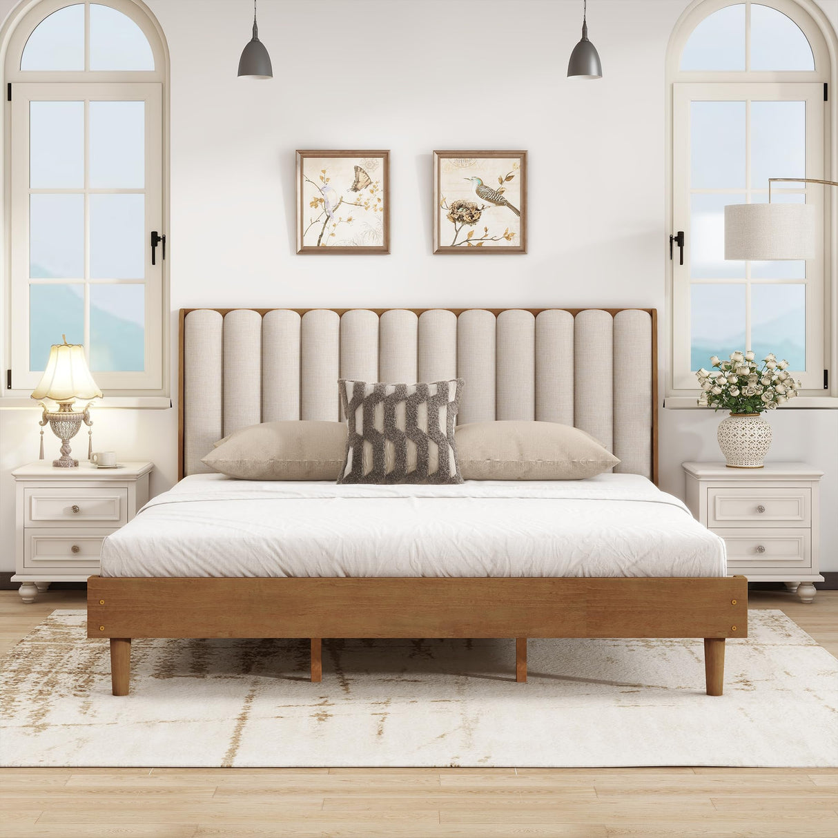 Mirightone Wood King Size Bed Frame,Tall Upholstered Tufted Headboard, Platform Bed King with Solid Rubber Wood Legs, Modern Style - No Box Spring Needed, Walnuts with Beige Mirightone