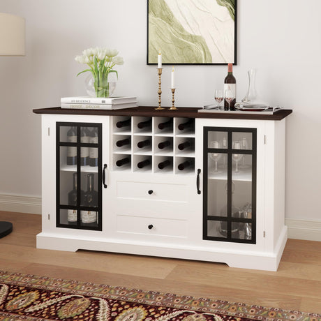 Real Relax Farmhouse Buffet Cabinet with Storage, 59'' Wine Bar with 2 Glass Doors, Removable Wine Rack, Coffee Buffet Table Sideboard for Kitchen, Living, Dinning Room Real Relax