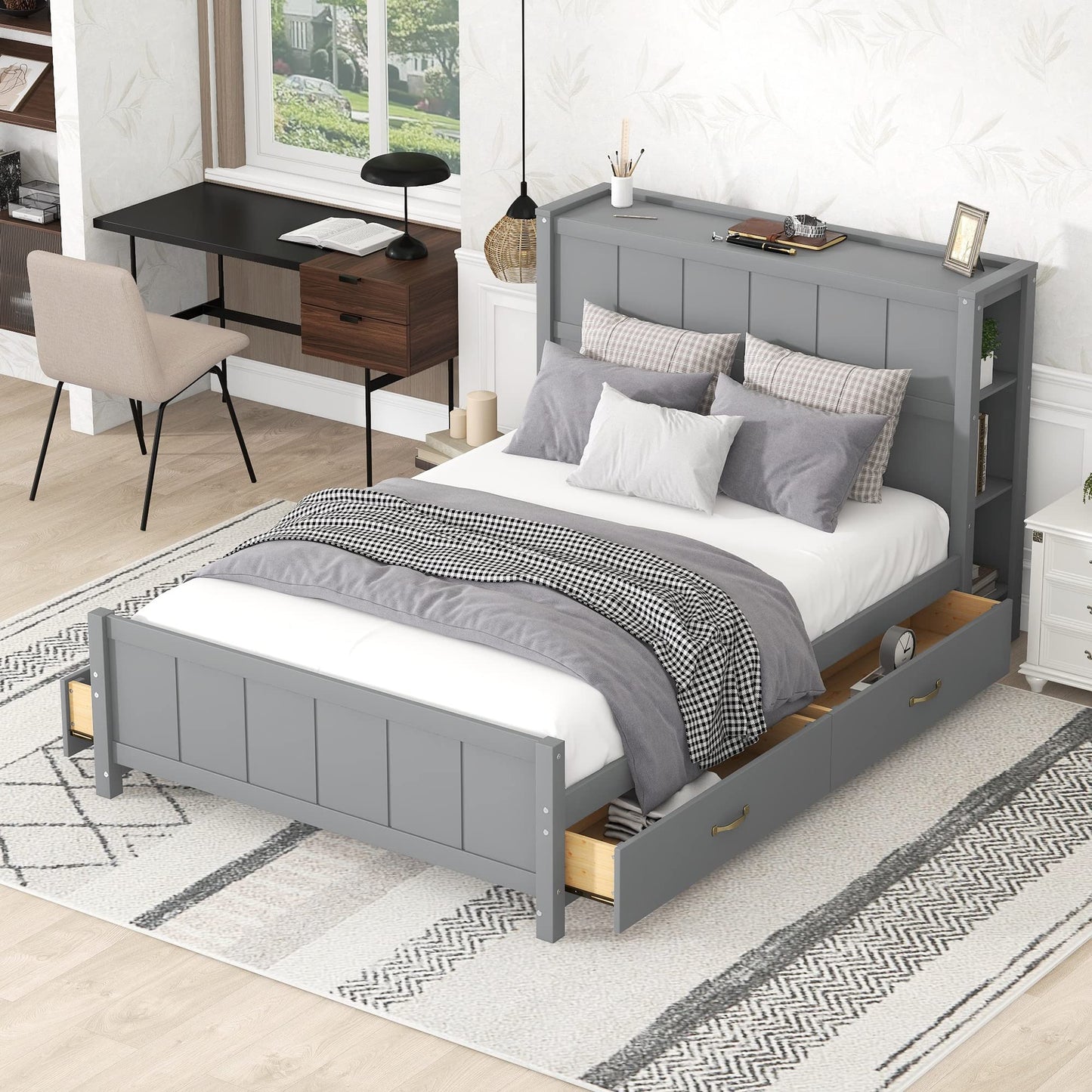 Harper & Bright Designs Full Size Bed with Bookcase Headboard and 4 Storage Drawers in Gray - WoodArtSupply