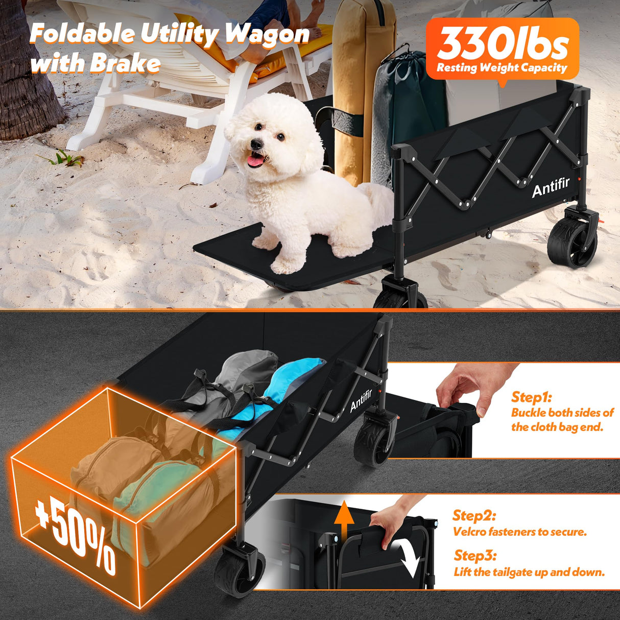 Collapsible Folding Wagon Cart with Tailgate,330LBS Resting Weight Capacity Beach Wagon with All-Terrain Big Wheels,Heavy Duty Foldable Utility Wagon Cart for Groceries,Sports,Shopping,Camping,Black Antifir