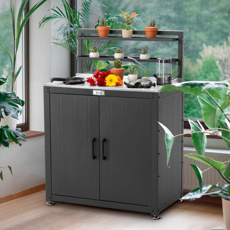 Garden Potting Bench with Storage Cabinet,Outdoor Gardening Table & Work Bench for Plants, Horticulture,Outdoor Workstation with Stainless Steel Tabletop,Outdoor Work Table with Elevated Rack Feasto