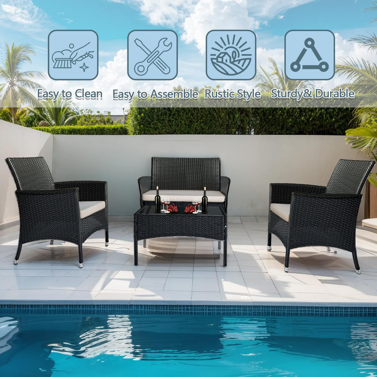 PatLoom 4-Piece Outdoor Furniture Set,Dark Brown Rattan Wicker Patio Sofa,Elegant Patio Conversation Set with Glass Top Coffee Table for Garden, Backyard, Poolside, Balcony (Beige Cushions) PatLoom