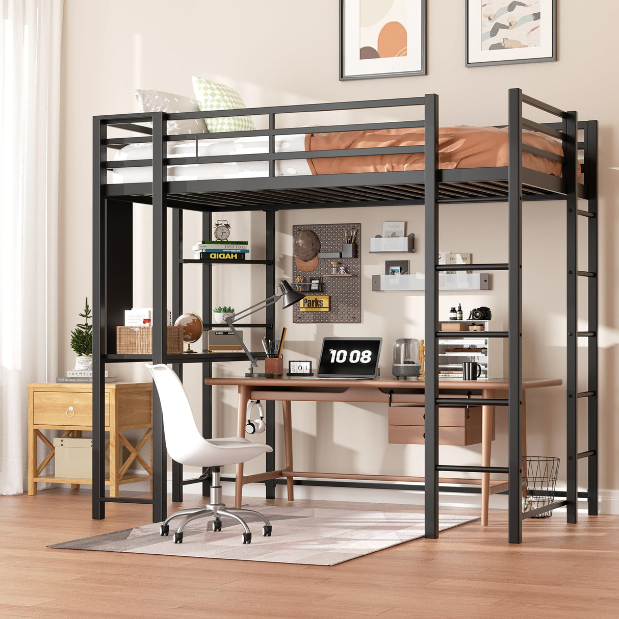 Shintenchi Loft Bed Full Size with Desk and Storage Shelves, Frame with 2 Side Ladders for Kids, Teens Adults, Spcace-Saving Noise-Free and Anti-tilt Design, Black Shintenchi