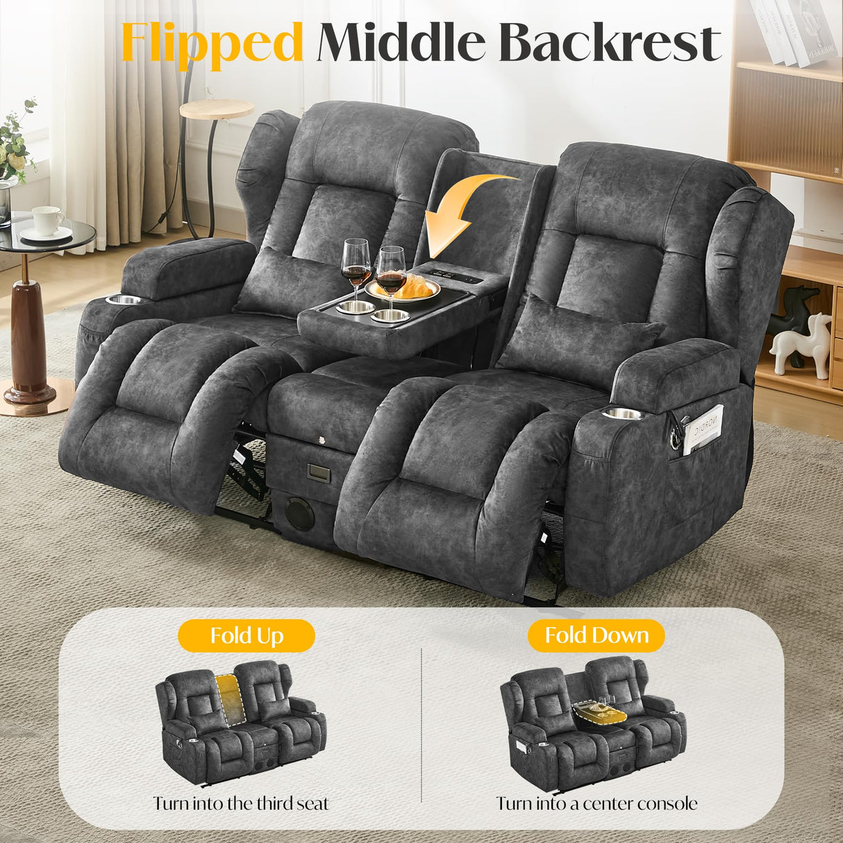 DRMBOOK Loveseat Rocker Recliner Sofa, Velvet Fabric Double Reclining Couches with Console, Manual Reclinable Dual Recliner Chair, RV Movie Theater Seating with USB/Bluetooth Speaker (Velvet Grey) DRMBOOK