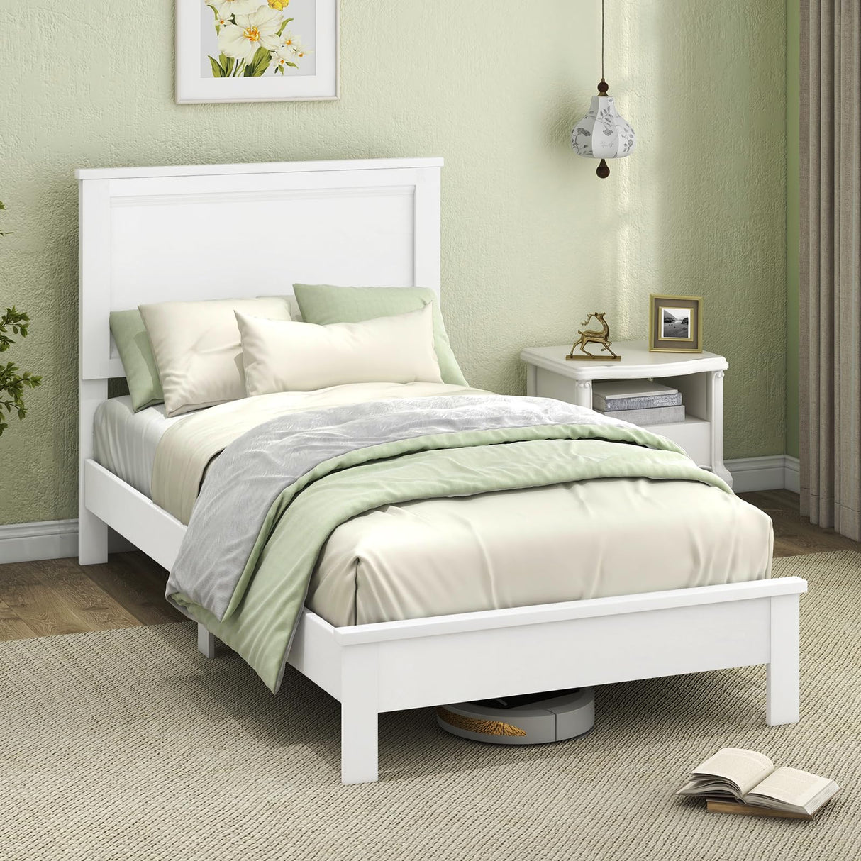 Giantex Wood Twin Bed Frames with Headboard, Mid Century Platform Bed Frame with Solid Wood Legs & Wooden Slat Support, Twin Bed Frames for Kids Adults, White Bed Giantex